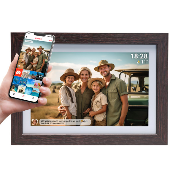 Denver WiFi Bilderrahmen PFF-1042 Holz Dunkel 10,1" Touch microSD 16GB Fotos IPS
