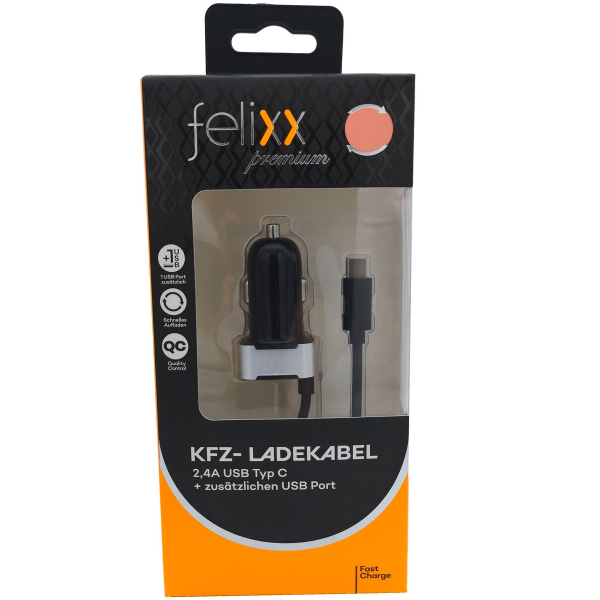 felixx Kfz-Ladegerät Schwarz für Auto USB-C Anschluss 12-24 V USB Port Smart IC