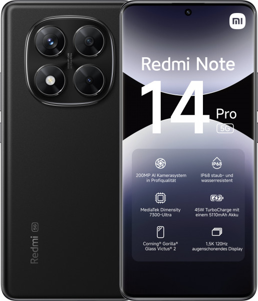 Xiaomi Redmi Note 14 Pro 5G Smartphone Schwarz 256GB 8GB USB-C 6.67" Android NFC